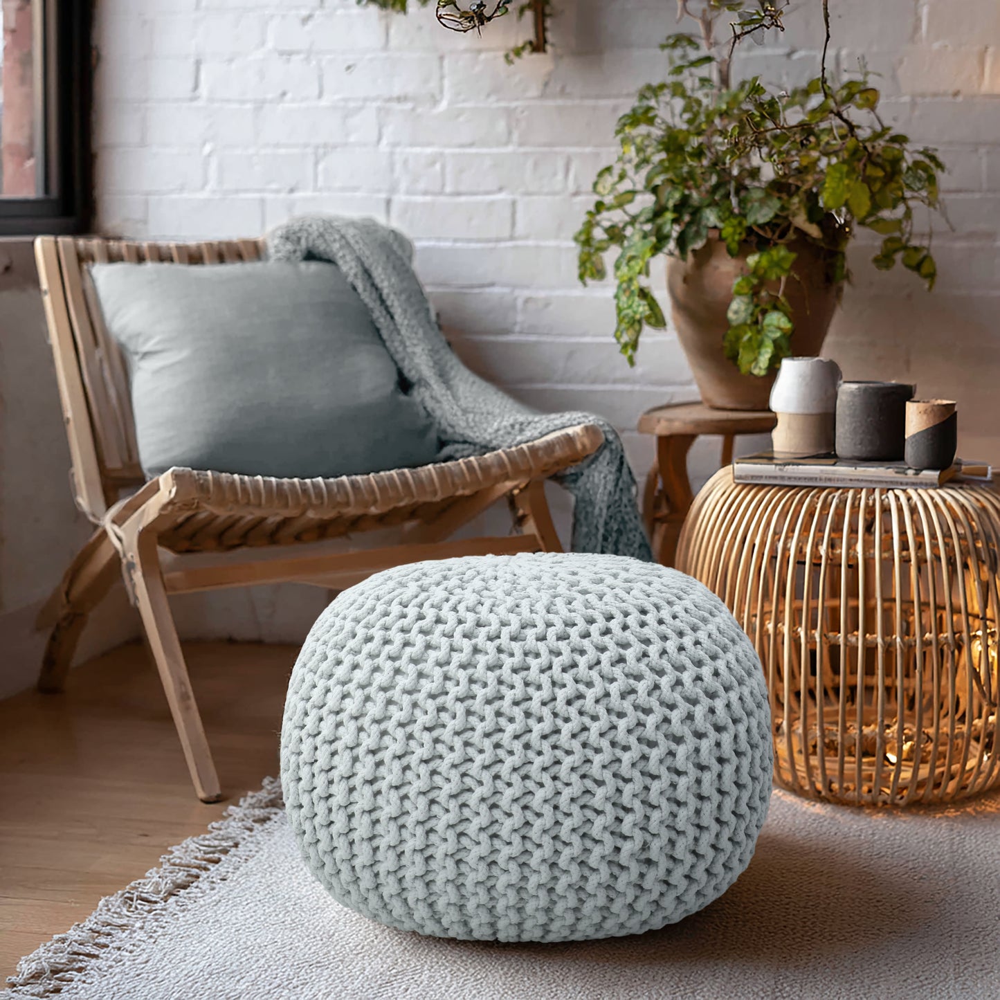 Hand Knitted Cotton Braid Pouf Ottoman Foot Stool - 20" x 14" - Accent Floor Seating for Living Room, Kids Room & Nursery