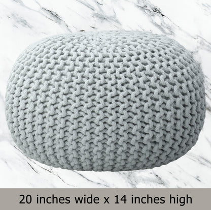 Hand Knitted Cotton Braid Pouf Ottoman Foot Stool - 20" x 14" - Accent Floor Seating for Living Room, Kids Room & Nursery