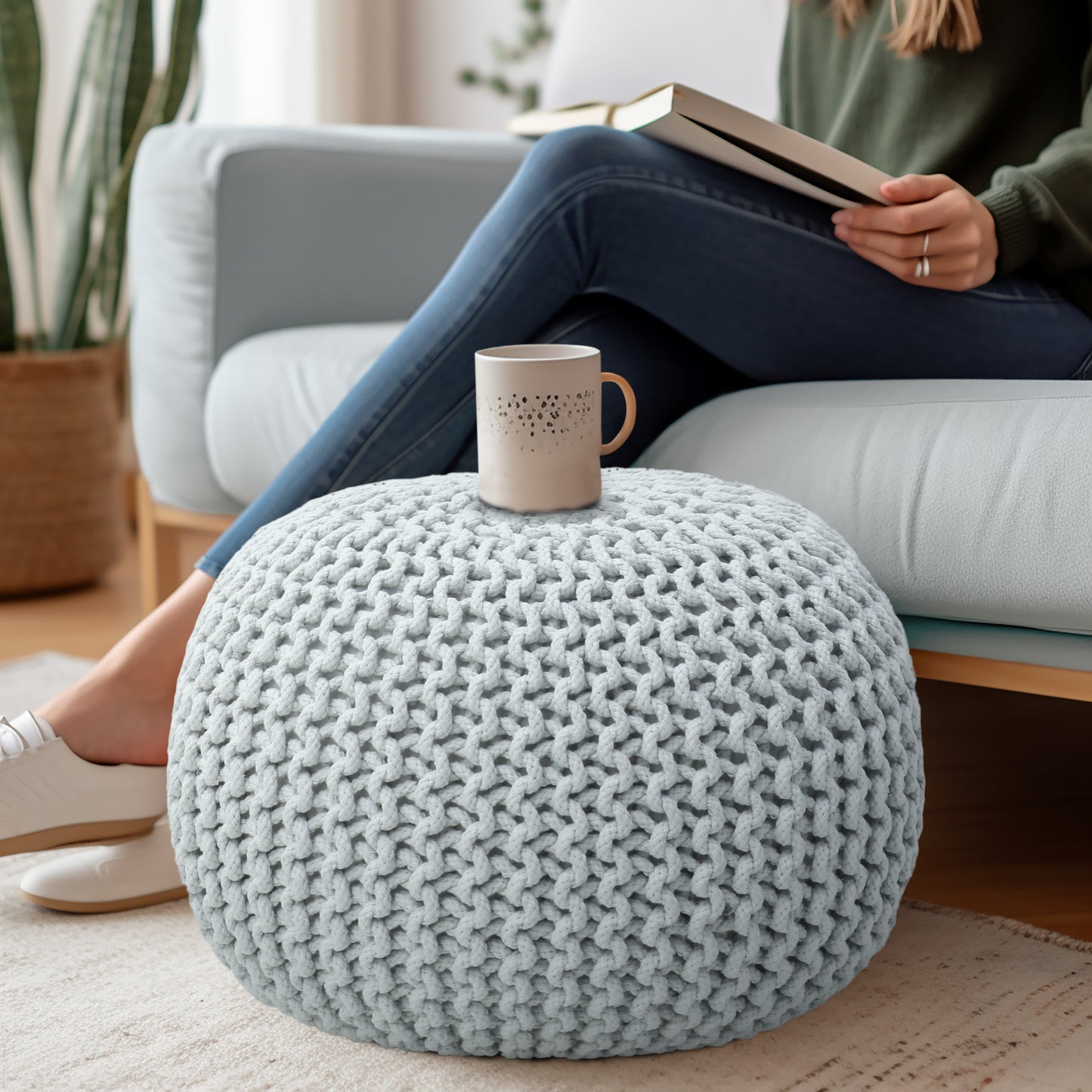 Hand Knitted Cotton Braid Pouf Ottoman Foot Stool - 20" x 14" - Accent Floor Seating for Living Room, Kids Room & Nursery