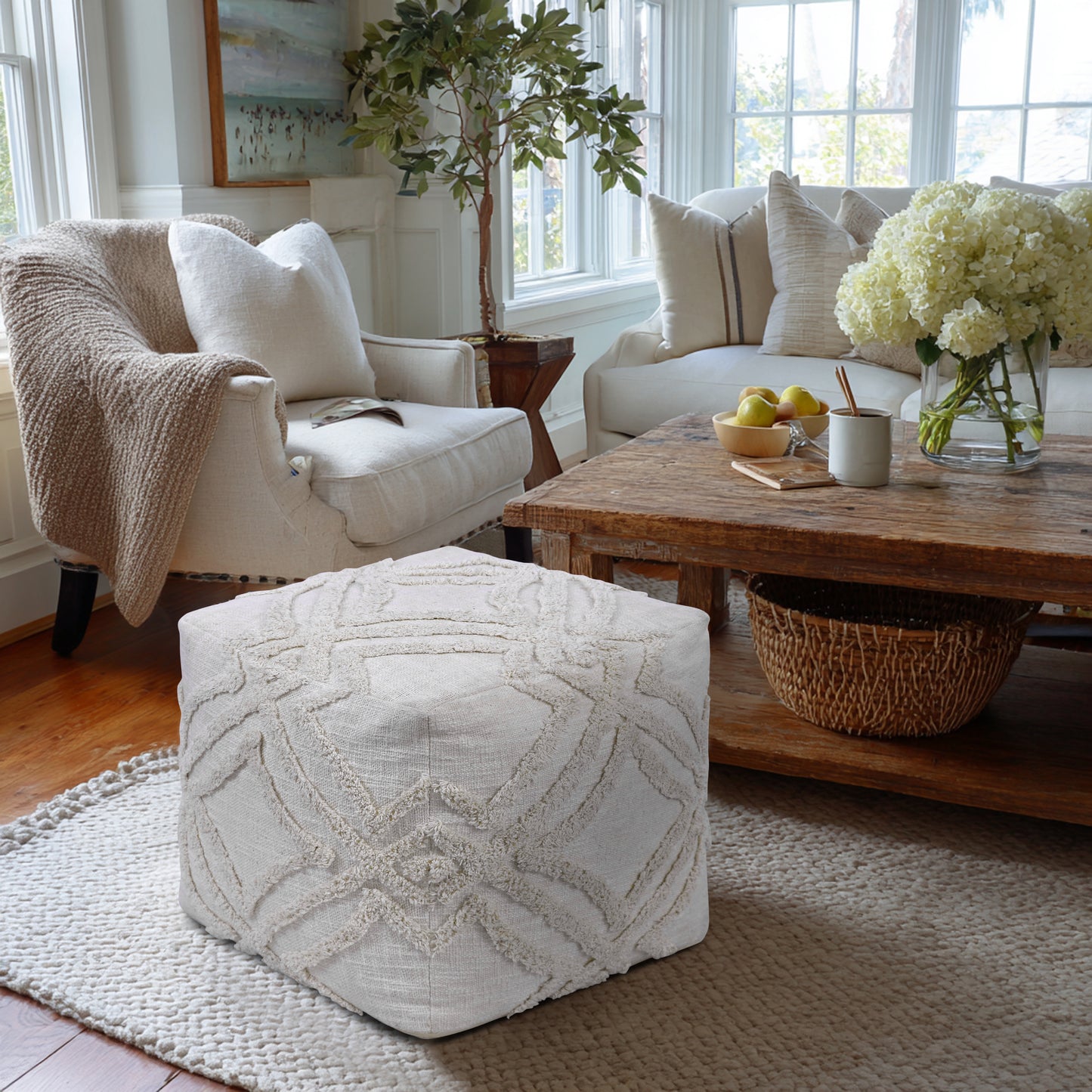 Hand Tufted Pouf Ottoman Seat - Pre-Filled Comfort, Classic Contemporary Home Office Accent Furniture, 16" x 16" Square - Ivory