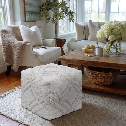 Hand Tufted Pouf Ottoman Seat - Pre-Filled Comfort, Classic Contemporary Home Office Accent Furniture, 16" x 16" Square - Ivory