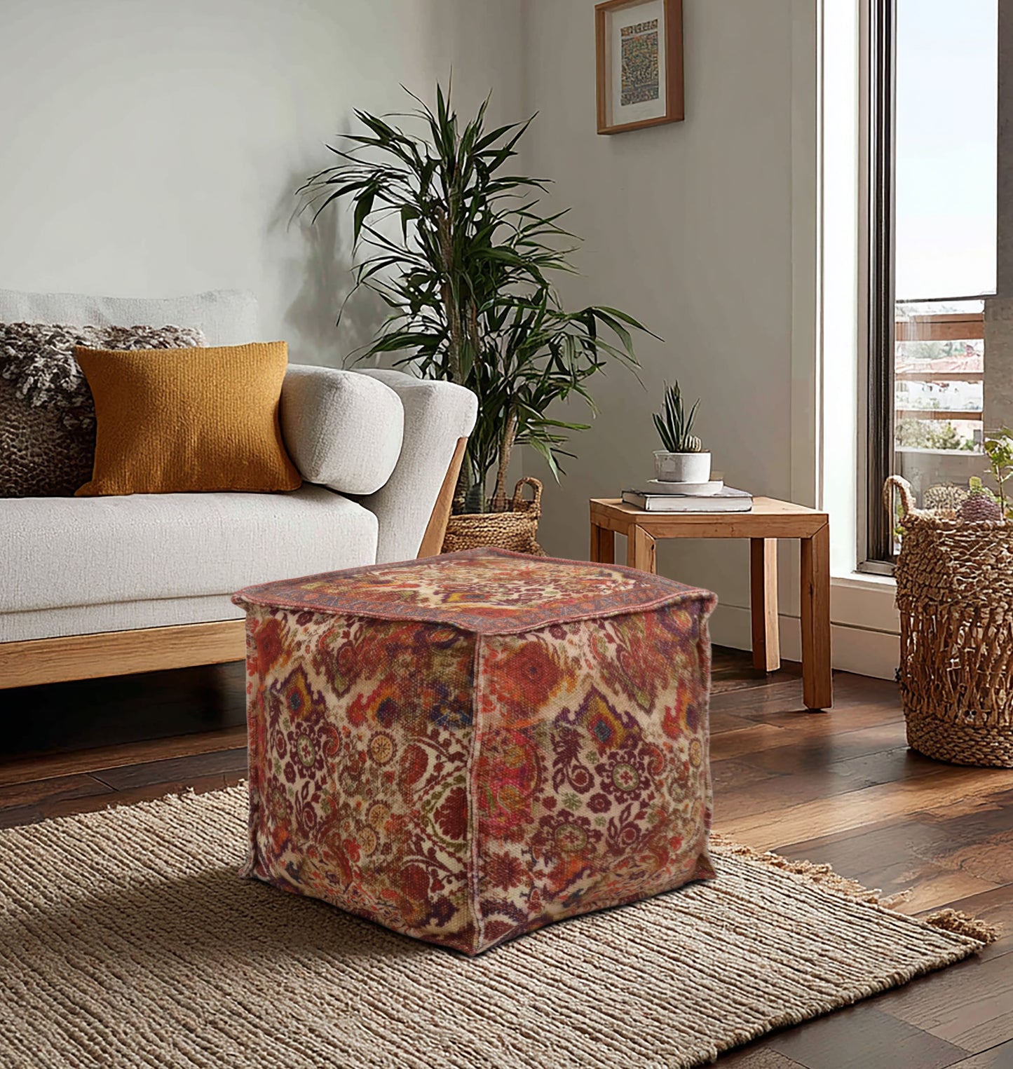 Printed Pouf Ottoman Seat - Pre-Filled Comfort, Boho Modern Home Office Accent Furniture, 17" x 17" Square - Coral Multi