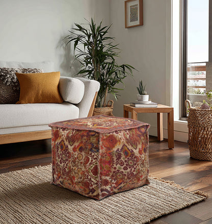 Printed Pouf Ottoman Seat - Pre-Filled Comfort, Boho Modern Home Office Accent Furniture, 17" x 17" Square - Coral Multi