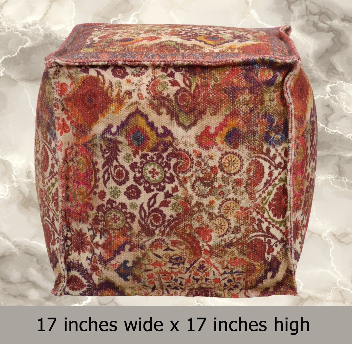 Printed Pouf Ottoman Seat - Pre-Filled Comfort, Boho Modern Home Office Accent Furniture, 17" x 17" Square - Coral Multi