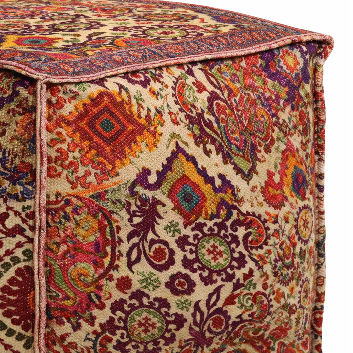 Printed Pouf Ottoman Seat - Pre-Filled Comfort, Boho Modern Home Office Accent Furniture, 17" x 17" Square - Coral Multi