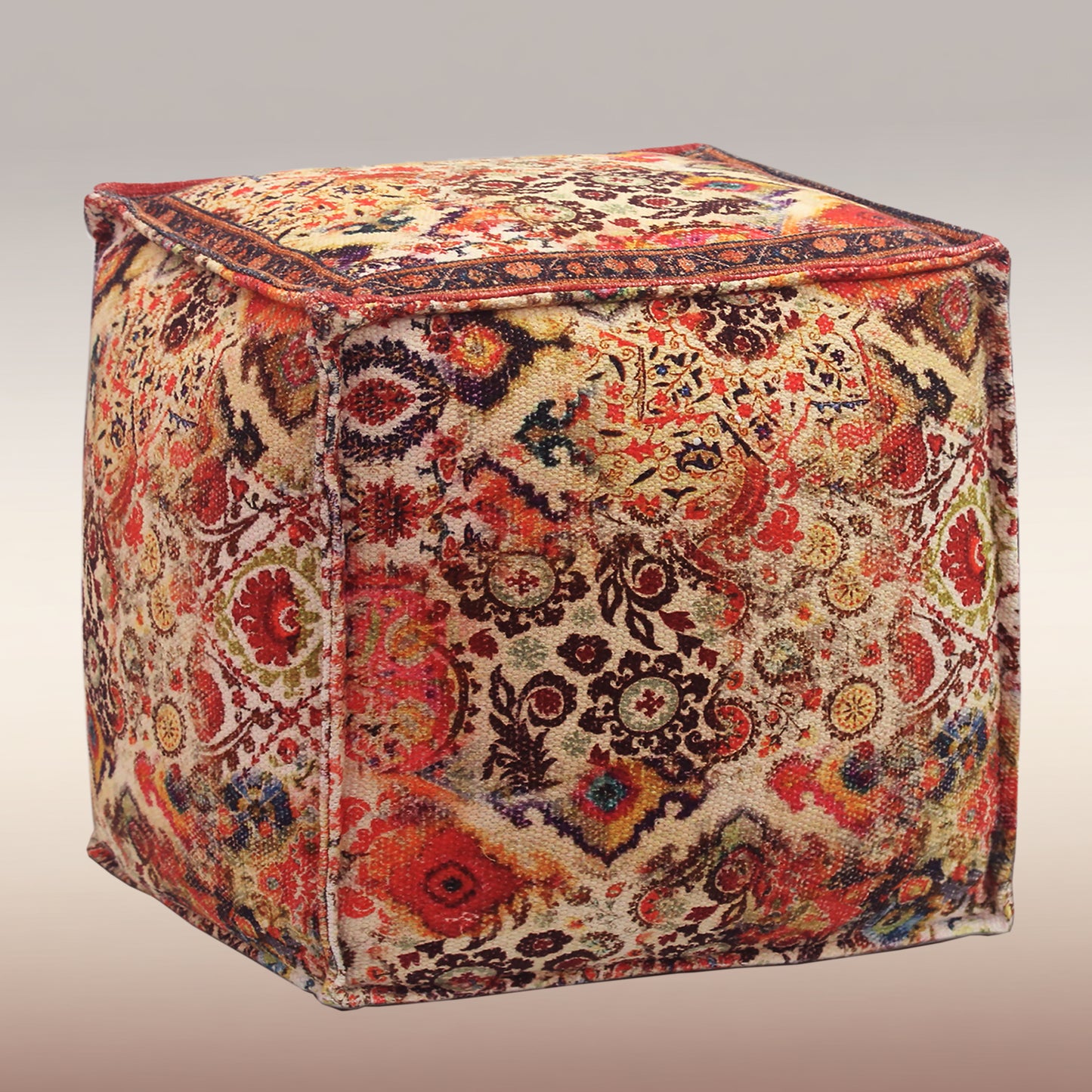 Printed Pouf Ottoman Seat - Pre-Filled Comfort, Boho Modern Home Office Accent Furniture, 17" x 17" Square - Coral Multi