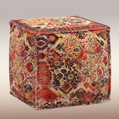 Printed Pouf Ottoman Seat - Pre-Filled Comfort, Boho Modern Home Office Accent Furniture, 17" x 17" Square - Coral Multi