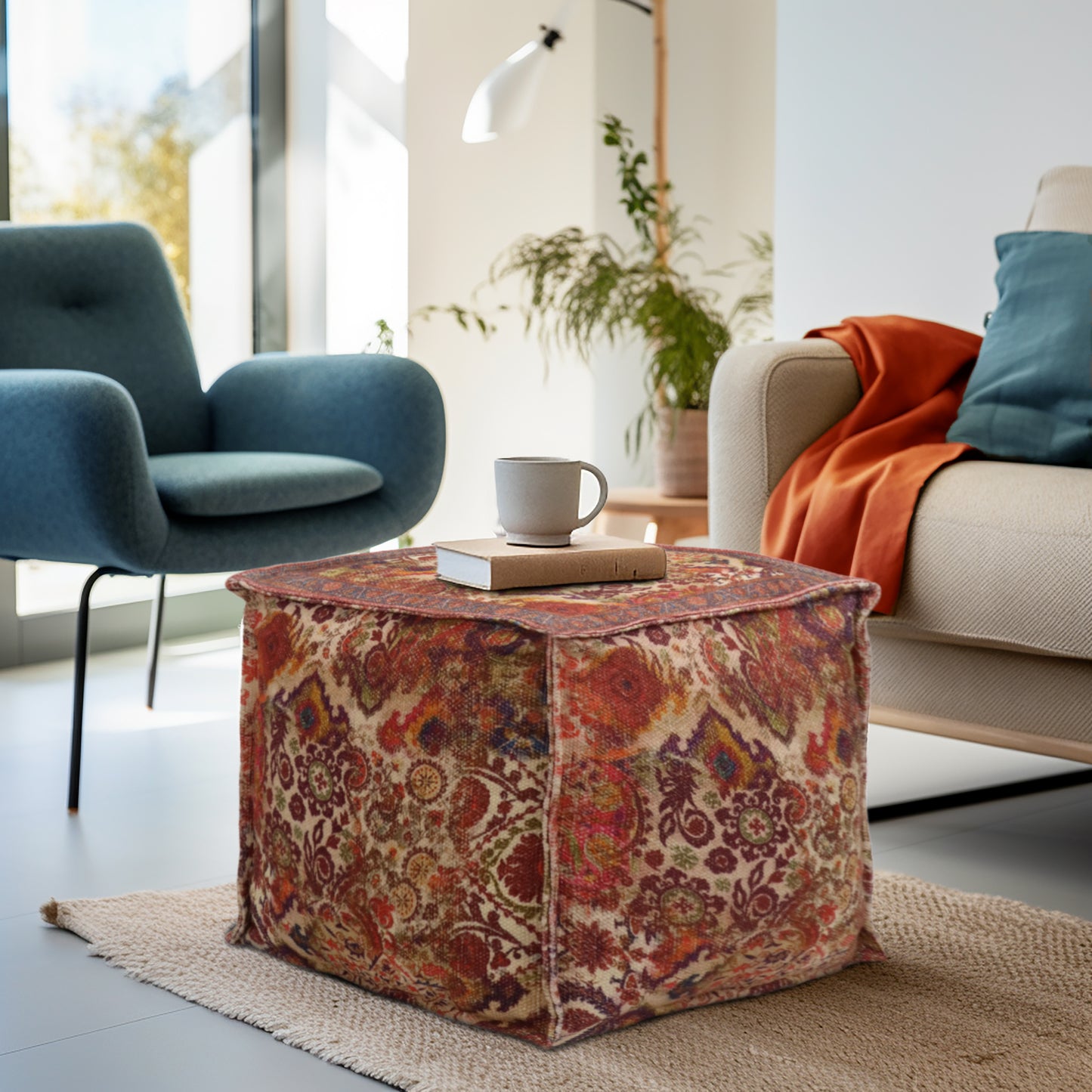 Printed Pouf Ottoman Seat - Pre-Filled Comfort, Boho Modern Home Office Accent Furniture, 17" x 17" Square - Coral Multi