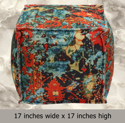 Printed Pouf Ottoman Seat - Pre-Filled Comfort, Boho Modern Home Office Accent Furniture, 17" x 17" Square - Coral Multi