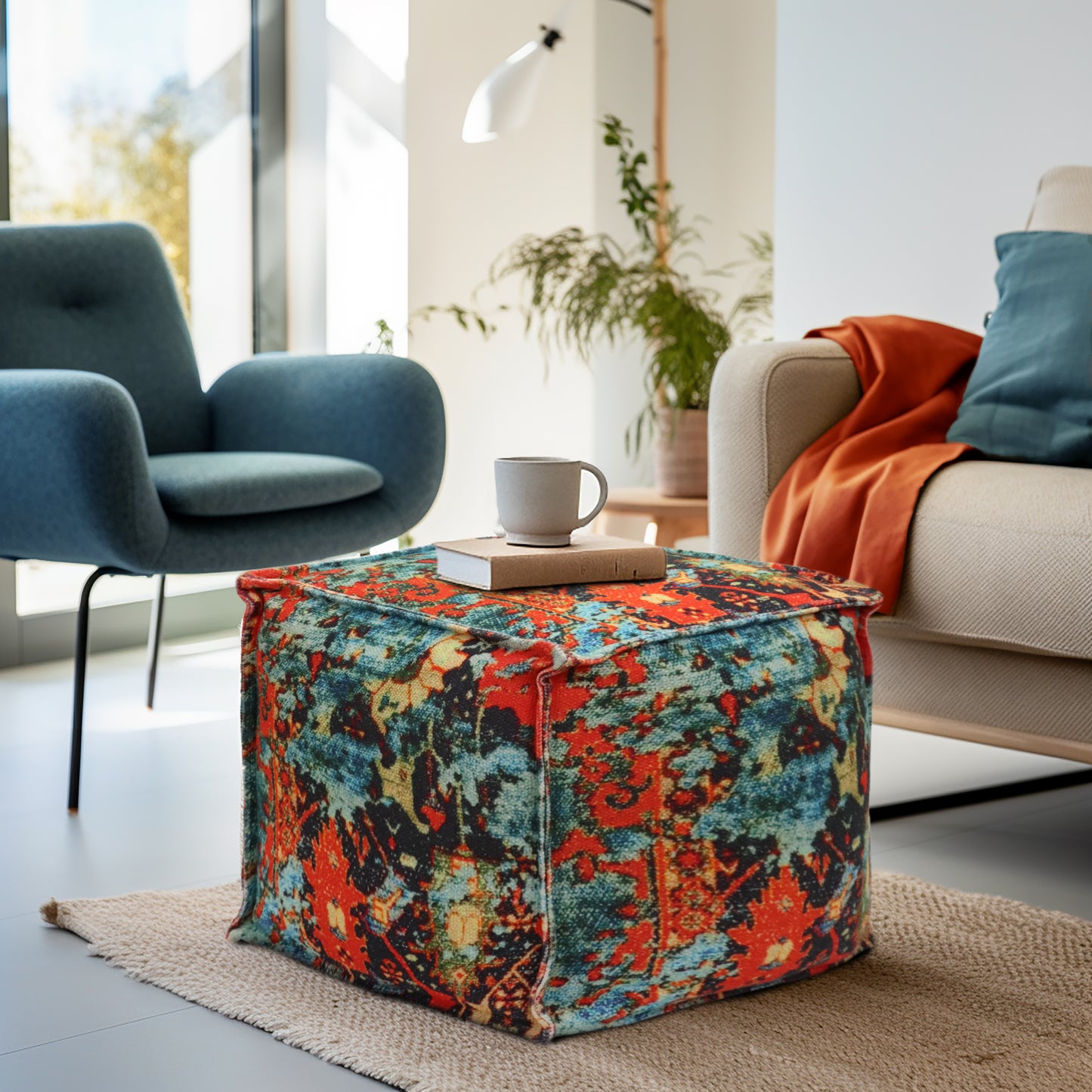 Printed Pouf Ottoman Seat - Pre-Filled Comfort, Boho Modern Home Office Accent Furniture, 17" x 17" Square - Coral Multi
