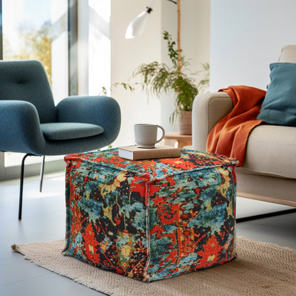 Printed Pouf Ottoman Seat - Pre-Filled Comfort, Boho Modern Home Office Accent Furniture, 17" x 17" Square - Coral Multi