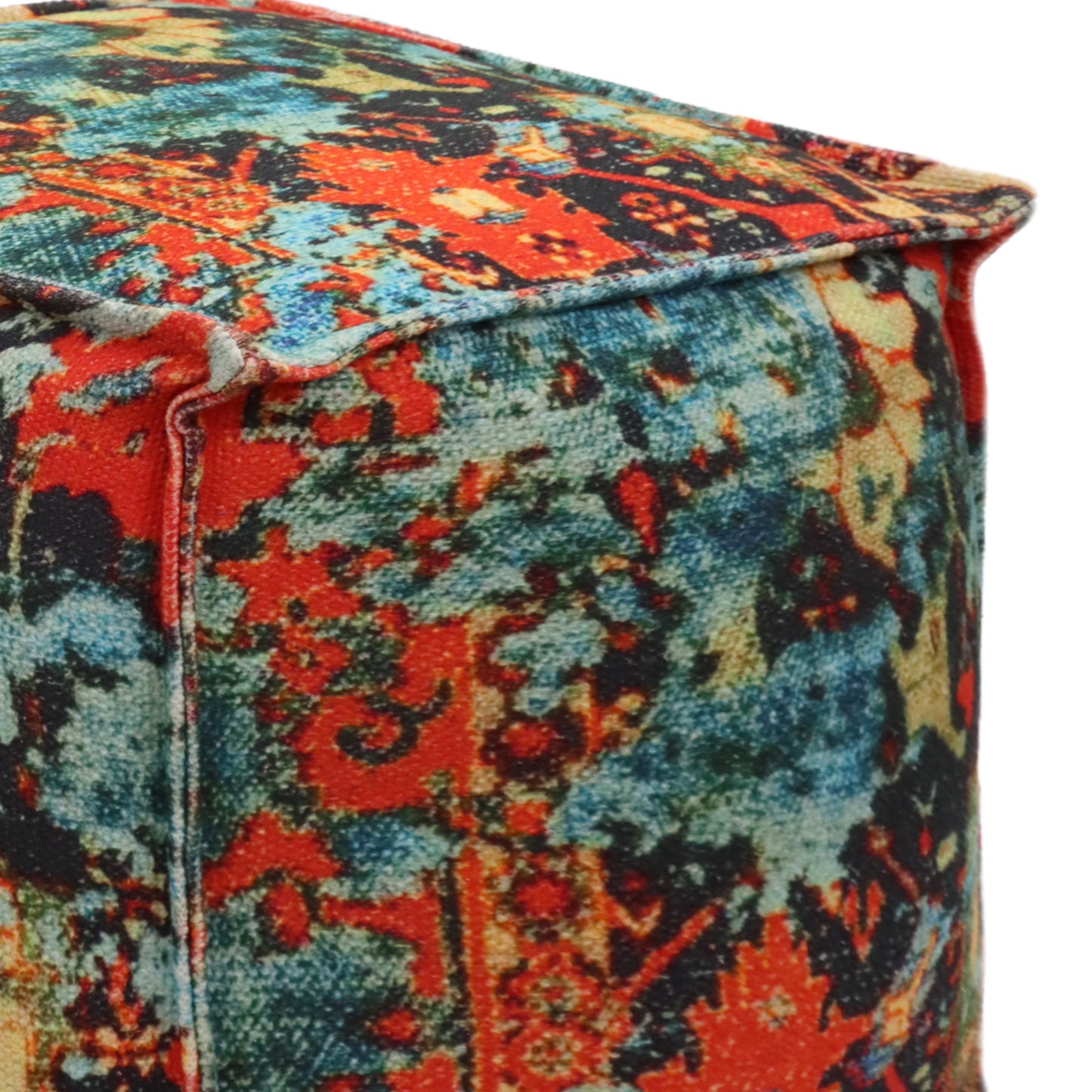 Printed Pouf Ottoman Seat - Pre-Filled Comfort, Boho Modern Home Office Accent Furniture, 17" x 17" Square - Coral Multi