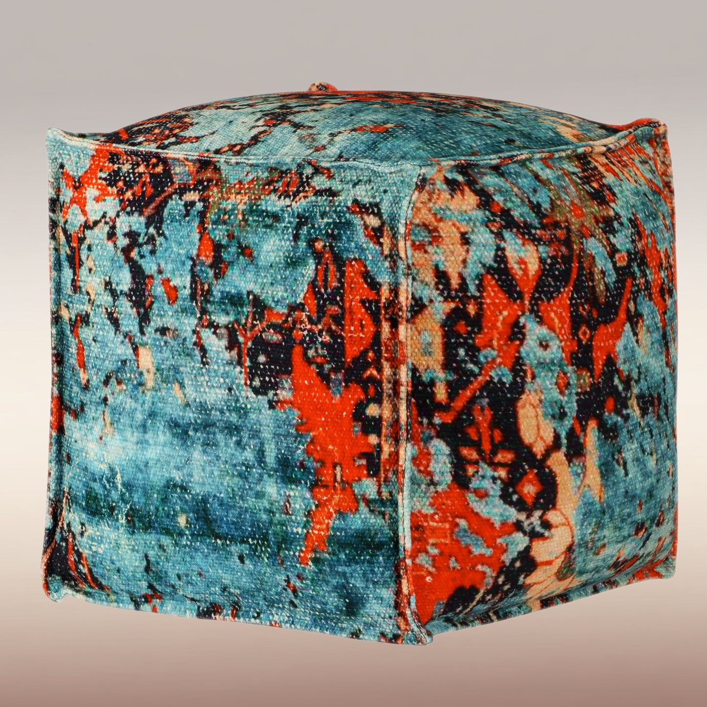 Printed Pouf Ottoman Seat - Pre-Filled Comfort, Boho Modern Home Office Accent Furniture, 17" x 17" Square - Coral Multi