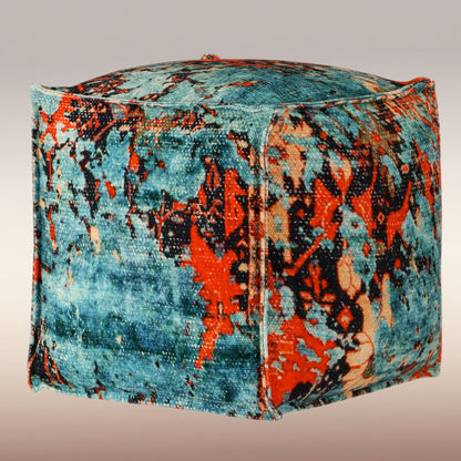 Printed Pouf Ottoman Seat - Pre-Filled Comfort, Boho Modern Home Office Accent Furniture, 17" x 17" Square - Coral Multi