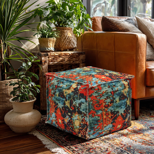 Printed Pouf Ottoman Seat - Pre-Filled Comfort, Boho Modern Home Office Accent Furniture, 17" x 17" Square - Coral Multi