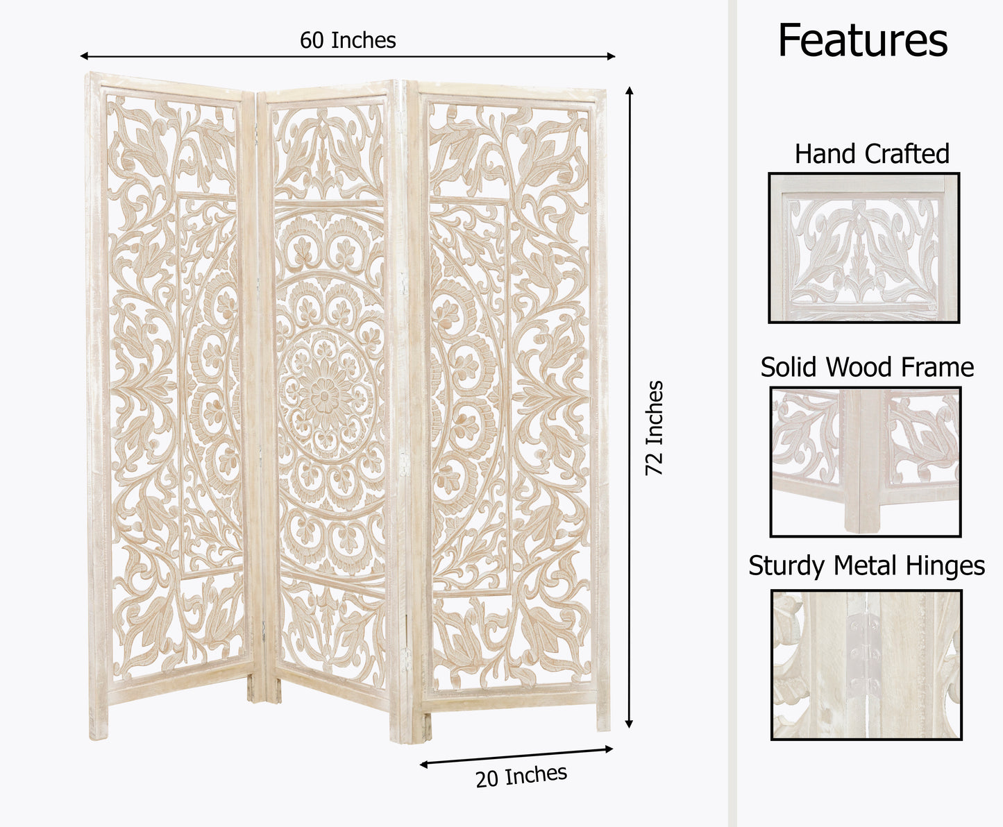 Hand-Carved Wood Room Divider – 3 Panel Folding Screen, 60” x 72” – Freestanding Reversible Privacy Partition, Fully Assembled - White