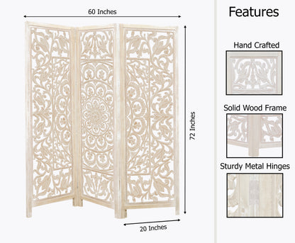 Hand-Carved Wood Room Divider – 3 Panel Folding Screen, 60” x 72” – Freestanding Reversible Privacy Partition, Fully Assembled - White