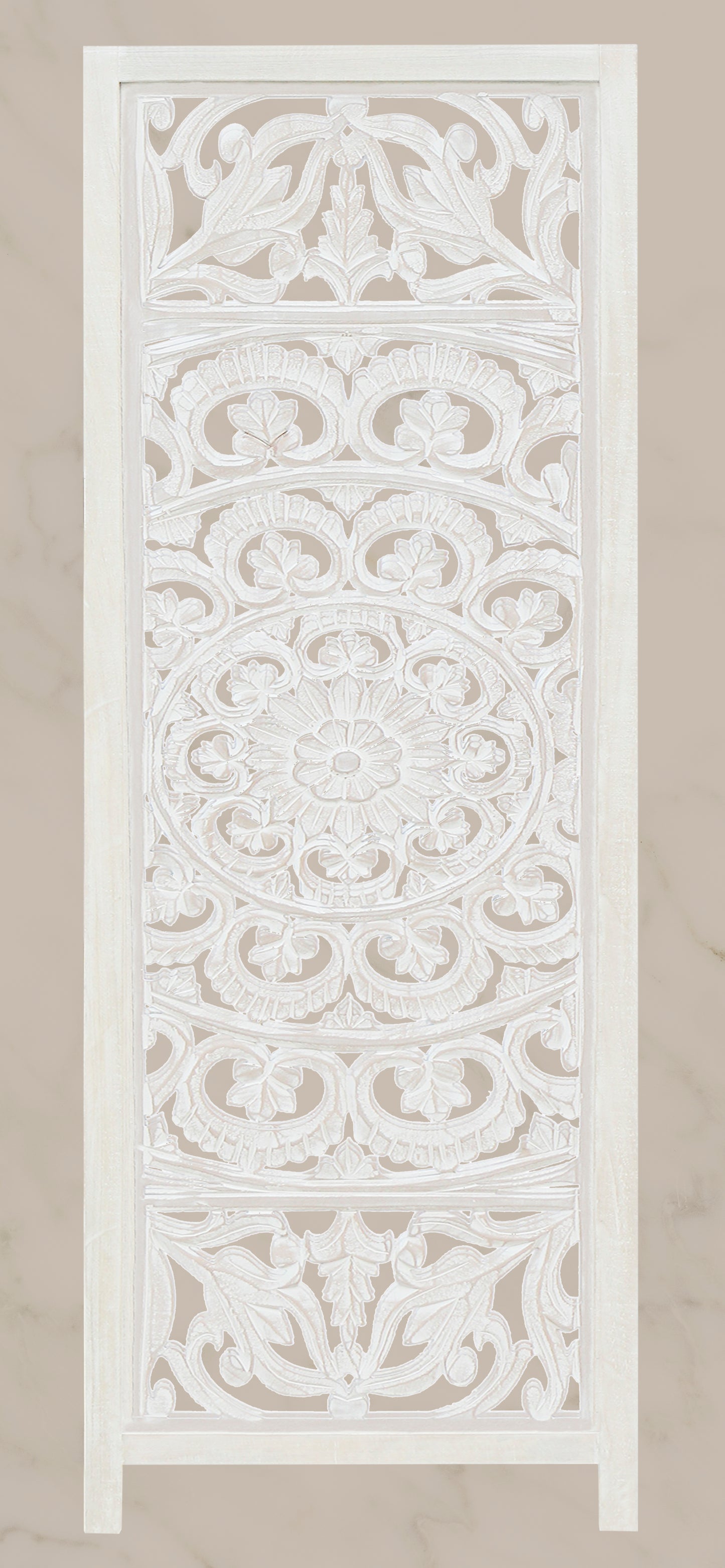 Hand-Carved Wood Room Divider – 3 Panel Folding Screen, 60” x 72” – Freestanding Reversible Privacy Partition, Fully Assembled - White