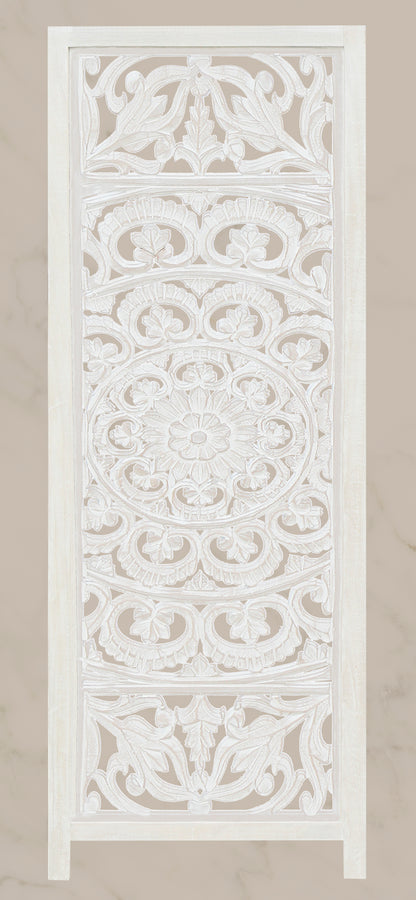 Hand-Carved Wood Room Divider – 3 Panel Folding Screen, 60” x 72” – Freestanding Reversible Privacy Partition, Fully Assembled - White