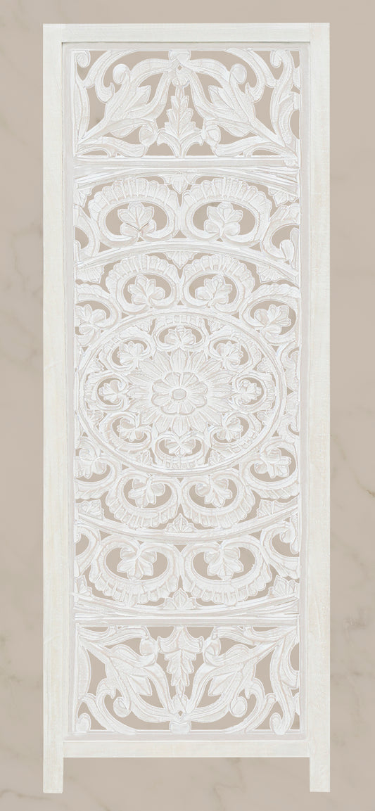 Hand-Carved Wood Room Divider – 3 Panel Folding Screen, 60” x 72” – Freestanding Reversible Privacy Partition, Fully Assembled - White