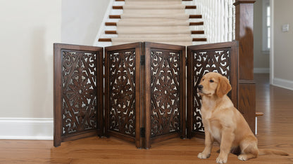 Foldable Wooden Pet Gate – 4-Panel 52" x  25" – Free-Standing Indoor Barrier, Portable Doorway Stairs Safety Partition, Fully Assembled – Antique Brown