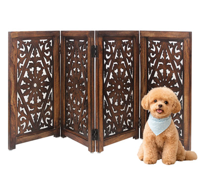 Foldable Wooden Pet Gate – 4-Panel 52" x  25" – Free-Standing Indoor Barrier, Portable Doorway Stairs Safety Partition, Fully Assembled – Antique Brown