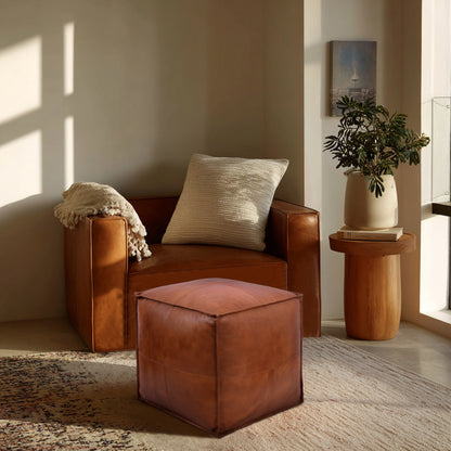 Genuine Leather Pouf Ottoman Seat – Handmade Moroccan Footrest, Pre-Filled Comfort, Classic Contemporary Home Office Accent Furniture, 17" x 17" Square
