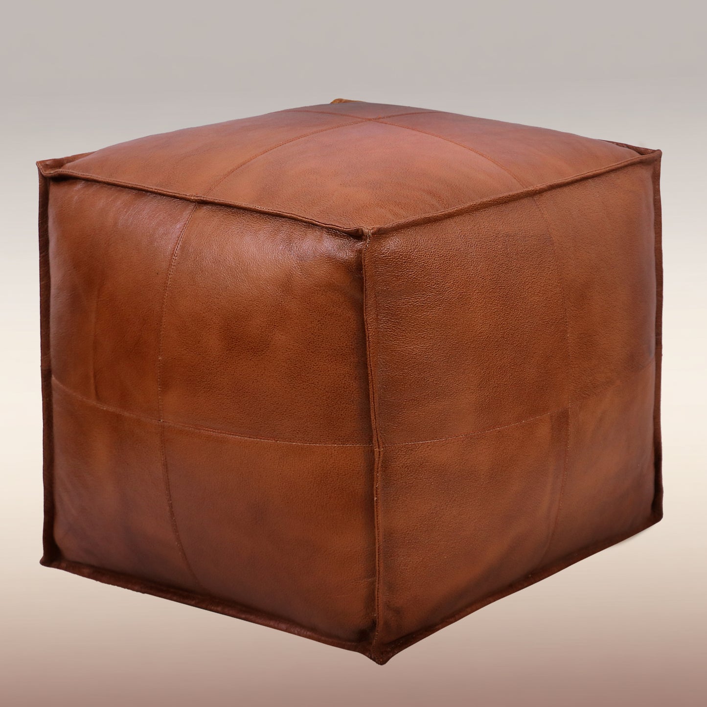 Genuine Leather Pouf Ottoman Seat – Handmade Moroccan Footrest, Pre-Filled Comfort, Classic Contemporary Home Office Accent Furniture, 17" x 17" Square
