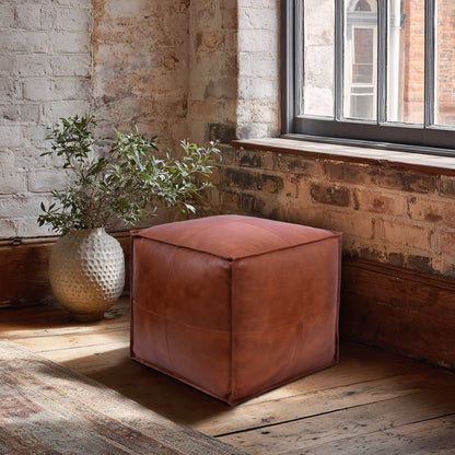Genuine Leather Pouf Ottoman Seat – Handmade Moroccan Footrest, Pre-Filled Comfort, Classic Contemporary Home Office Accent Furniture, 17" x 17" Square