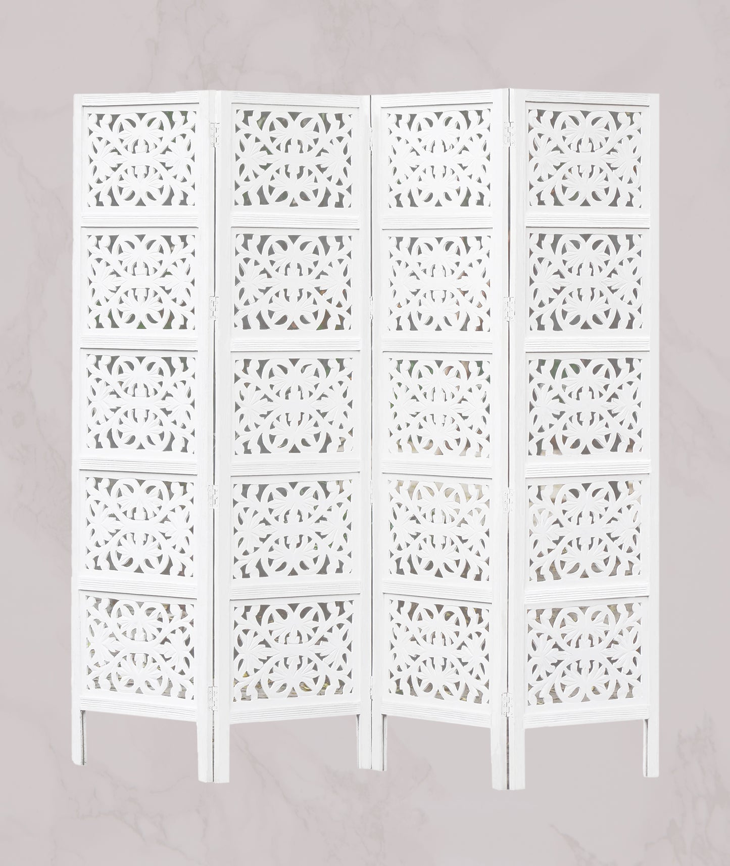 Hand-Carved Wood Room Divider – 4 Panel Folding Screen, 80” x 72” – Freestanding Reversible Privacy Partition, Fully Assembled - White