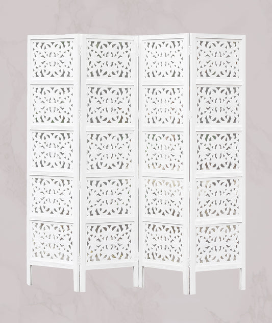 Hand-Carved Wood Room Divider – 4 Panel Folding Screen, 80” x 72” – Freestanding Reversible Privacy Partition, Fully Assembled - White