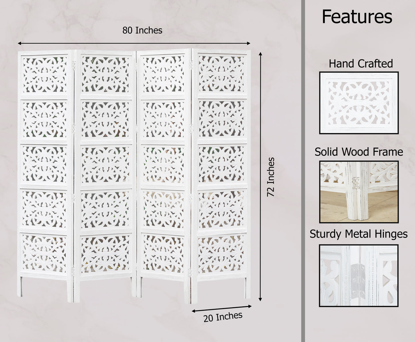 Hand-Carved Wood Room Divider – 4 Panel Folding Screen, 80” x 72” – Freestanding Reversible Privacy Partition, Fully Assembled - White