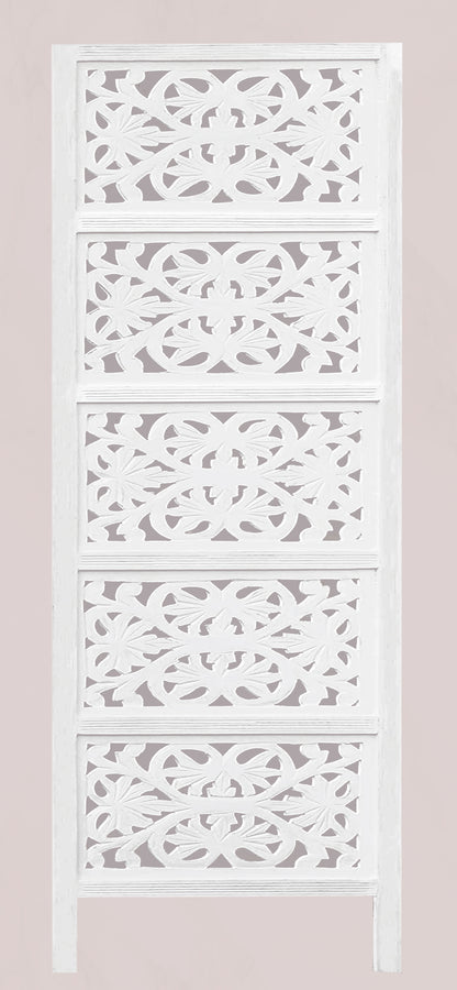 Hand-Carved Wood Room Divider – 4 Panel Folding Screen, 80” x 72” – Freestanding Reversible Privacy Partition, Fully Assembled - White