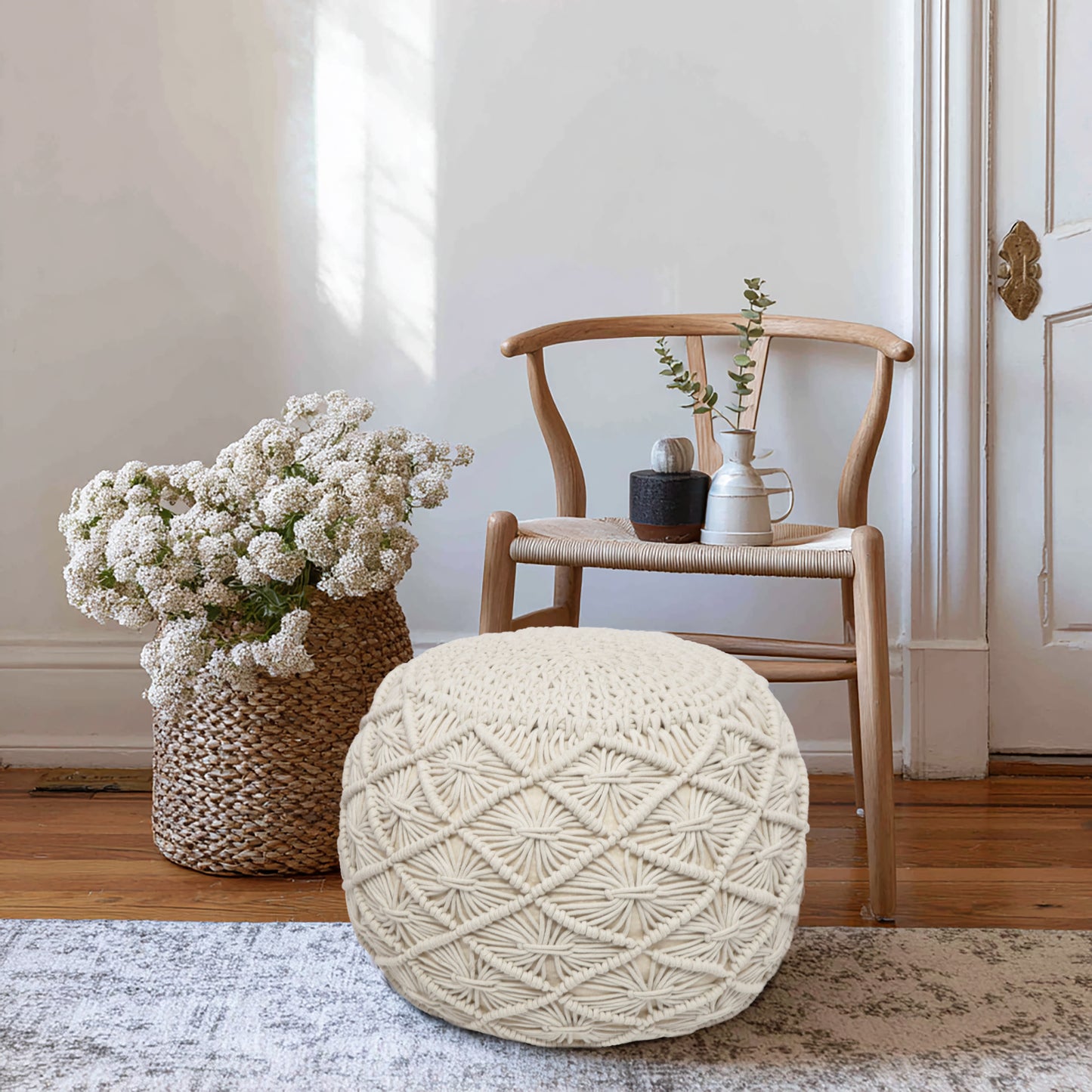 Macrame Braided Pouf Ottoman 20" x 14" Hand knitted Cotton Cord Round Dori Pouf, Prefilled Footrest Bean Bag, Boho Moroccan Accent Seating for Living Room, Bedroom & Dorms