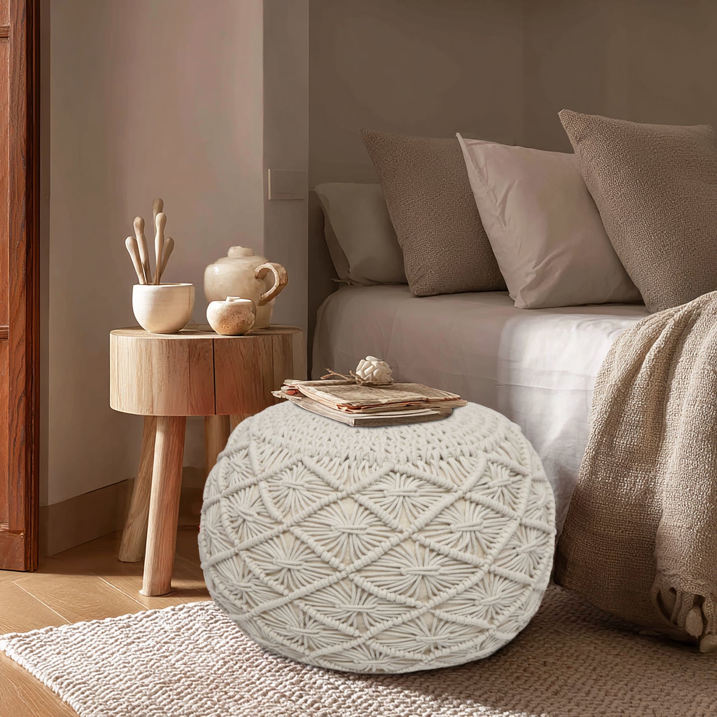 Macrame Braided Pouf Ottoman 20" x 14" Hand knitted Cotton Cord Round Dori Pouf, Prefilled Footrest Bean Bag, Boho Moroccan Accent Seating for Living Room, Bedroom & Dorms