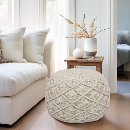 Macrame Braided Pouf Ottoman 20" x 14" Hand knitted Cotton Cord Round Dori Pouf, Prefilled Footrest Bean Bag, Boho Moroccan Accent Seating for Living Room, Bedroom & Dorms