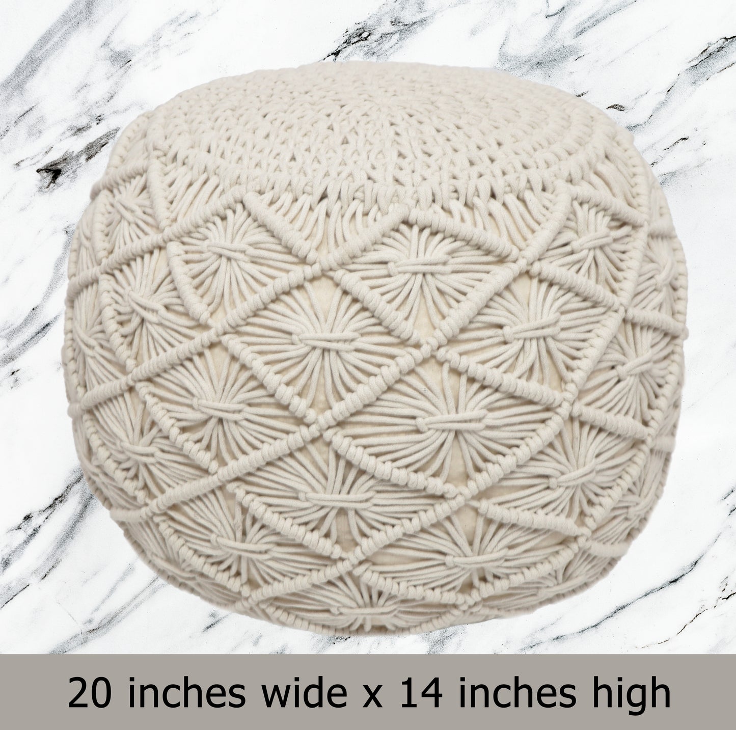 Macrame Braided Pouf Ottoman 20" x 14" Hand knitted Cotton Cord Round Dori Pouf, Prefilled Footrest Bean Bag, Boho Moroccan Accent Seating for Living Room, Bedroom & Dorms