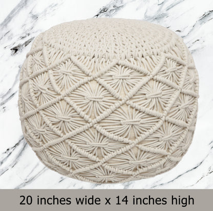 Macrame Braided Pouf Ottoman 20" x 14" Hand knitted Cotton Cord Round Dori Pouf, Prefilled Footrest Bean Bag, Boho Moroccan Accent Seating for Living Room, Bedroom & Dorms