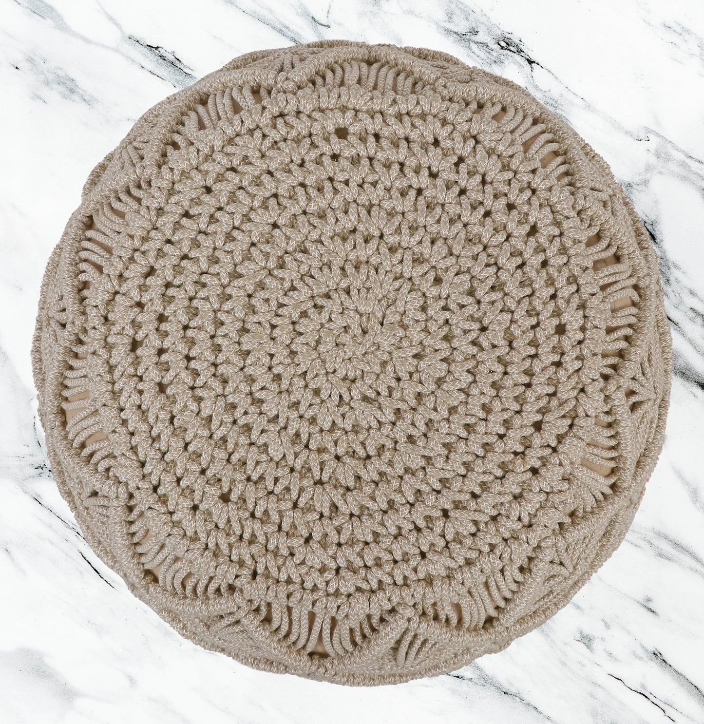 Macrame Braided Pouf Ottoman 20" x 14" Hand knitted Cotton Cord Round Dori Pouf, Prefilled Footrest Bean Bag, Boho Moroccan Accent Seating for Living Room, Bedroom & Dorms
