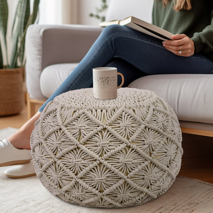 Macrame Braided Pouf Ottoman 20" x 14" Hand knitted Cotton Cord Round Dori Pouf, Prefilled Footrest Bean Bag, Boho Moroccan Accent Seating for Living Room, Bedroom & Dorms