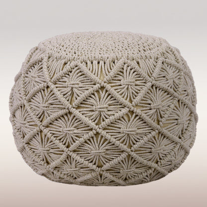 Macrame Braided Pouf Ottoman 20" x 14" Hand knitted Cotton Cord Round Dori Pouf, Prefilled Footrest Bean Bag, Boho Moroccan Accent Seating for Living Room, Bedroom & Dorms