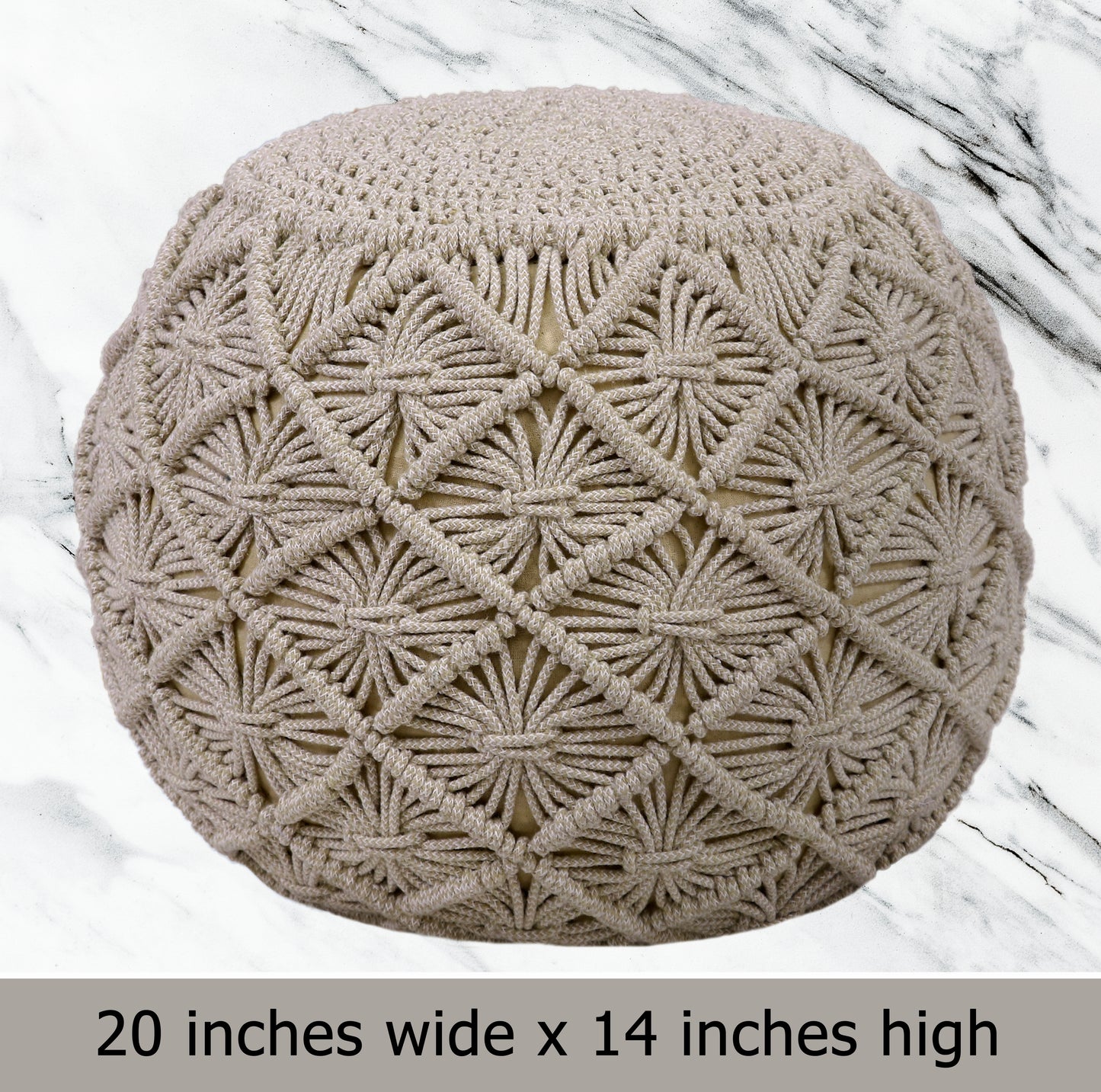 Macrame Braided Pouf Ottoman 20" x 14" Hand knitted Cotton Cord Round Dori Pouf, Prefilled Footrest Bean Bag, Boho Moroccan Accent Seating for Living Room, Bedroom & Dorms