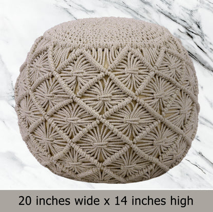 Macrame Braided Pouf Ottoman 20" x 14" Hand knitted Cotton Cord Round Dori Pouf, Prefilled Footrest Bean Bag, Boho Moroccan Accent Seating for Living Room, Bedroom & Dorms