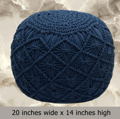 Macrame Braided Pouf Ottoman 20" x 14" Hand knitted Cotton Cord Round Dori Pouf, Prefilled Footrest Bean Bag, Boho Moroccan Accent Seating for Living Room, Bedroom & Dorms