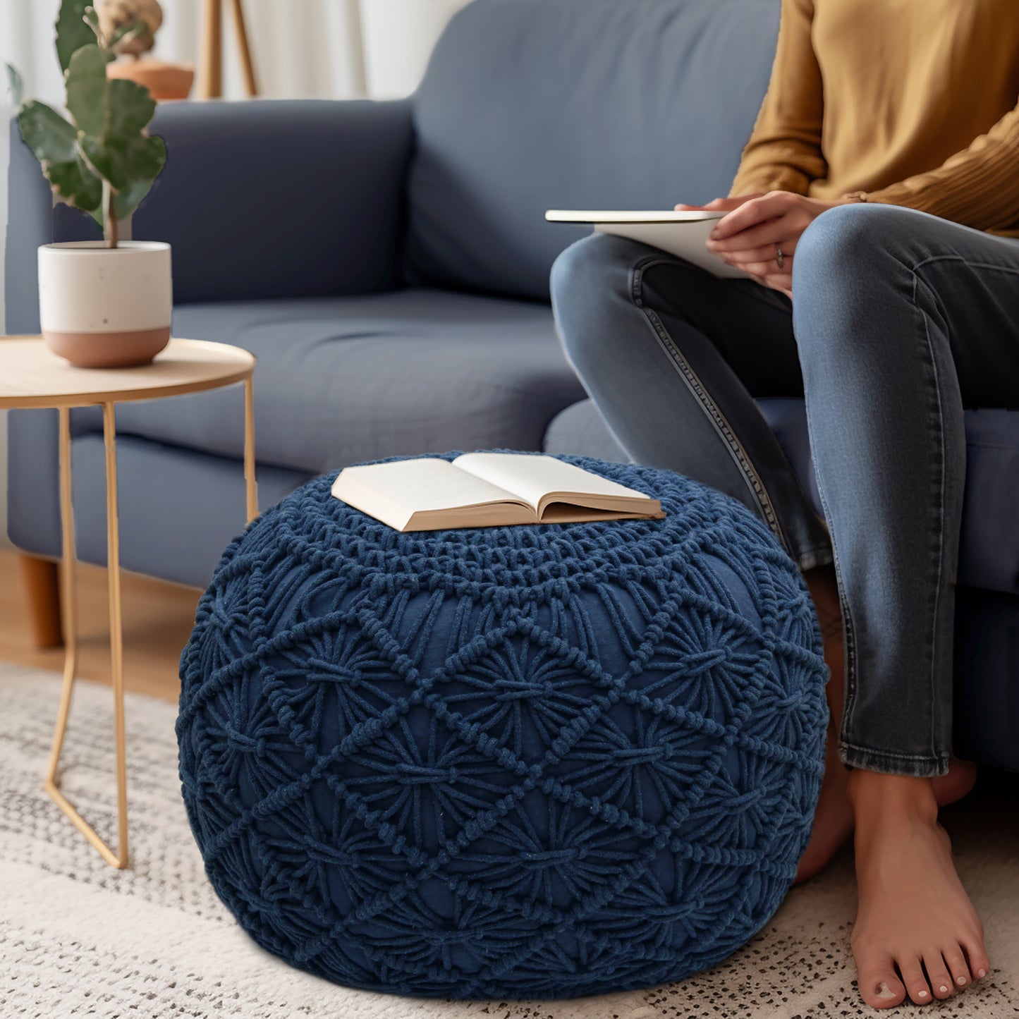 Macrame Braided Pouf Ottoman 20" x 14" Hand knitted Cotton Cord Round Dori Pouf, Prefilled Footrest Bean Bag, Boho Moroccan Accent Seating for Living Room, Bedroom & Dorms
