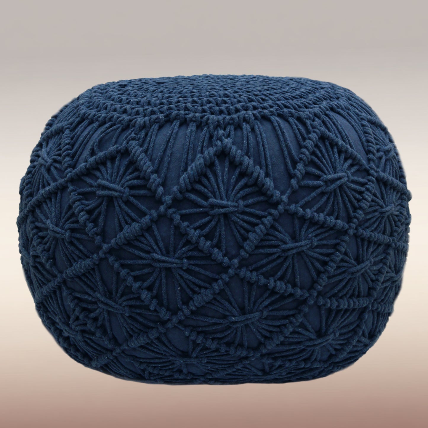 Macrame Braided Pouf Ottoman 20" x 14" Hand knitted Cotton Cord Round Dori Pouf, Prefilled Footrest Bean Bag, Boho Moroccan Accent Seating for Living Room, Bedroom & Dorms
