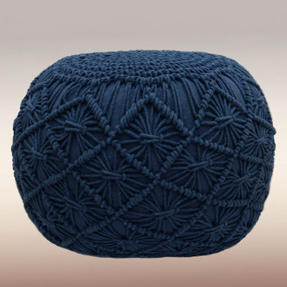 Macrame Braided Pouf Ottoman 20" x 14" Hand knitted Cotton Cord Round Dori Pouf, Prefilled Footrest Bean Bag, Boho Moroccan Accent Seating for Living Room, Bedroom & Dorms
