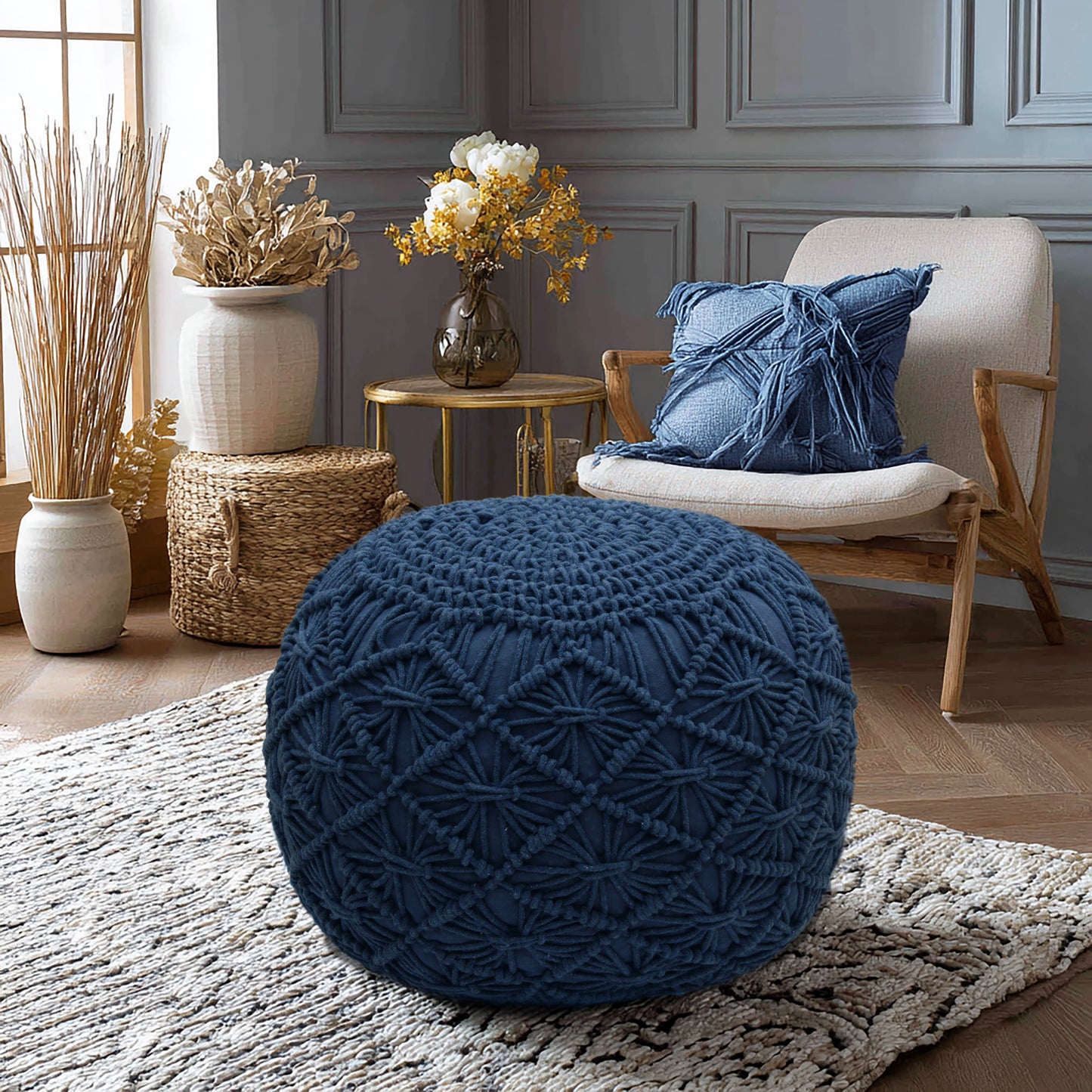 Macrame Braided Pouf Ottoman 20" x 14" Hand knitted Cotton Cord Round Dori Pouf, Prefilled Footrest Bean Bag, Boho Moroccan Accent Seating for Living Room, Bedroom & Dorms