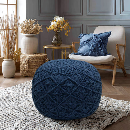 Macrame Braided Pouf Ottoman 20" x 14" Hand knitted Cotton Cord Round Dori Pouf, Prefilled Footrest Bean Bag, Boho Moroccan Accent Seating for Living Room, Bedroom & Dorms