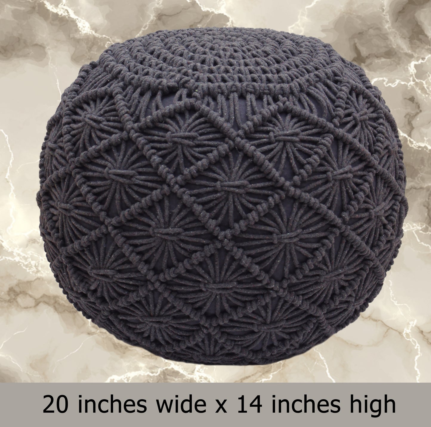 Macrame Braided Pouf Ottoman 20" x 14" Hand knitted Cotton Cord Round Dori Pouf, Prefilled Footrest Bean Bag, Boho Moroccan Accent Seating for Living Room, Bedroom & Dorms